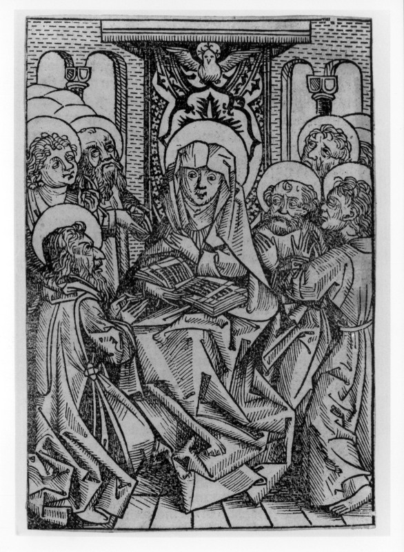 Ambito tedesco seconda metà sec. XV, Madonna in trono e santi