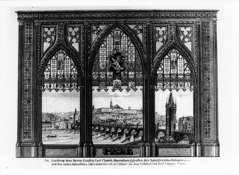 Heuer W. seconda metà sec. XIX,Veduta di Praga da una vetrata gotica