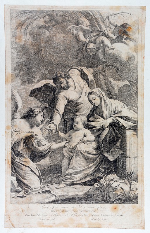 Daret P. (1640 circa), Sacra famiglia con angelo che offre dei frutti