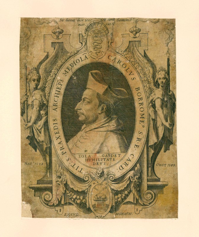 Sadeler J. ultimo quarto sec. XVI, S. Carlo Borromeo entro cornice decorativa