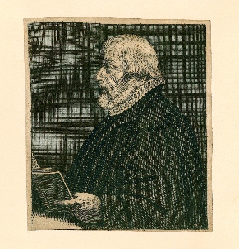 Ambito italiano (?) prima metà sec. XVII, Ritratto maschile di profilo con libro