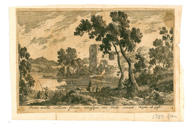 Ambito francese (?) seconda metà sec. XVII, Paesaggio con rovina e pescatore