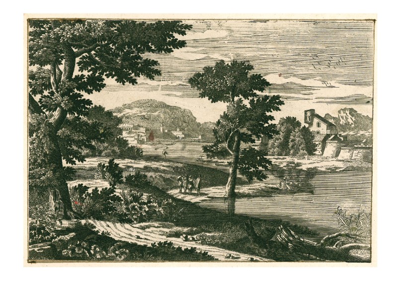 Ambito olandese sec. XVII, Paesaggio fluviale con viandanti
