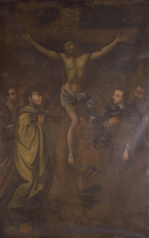 Ambito emiliano sec. XVII, Gesù Cristo crocifisso e Santi
