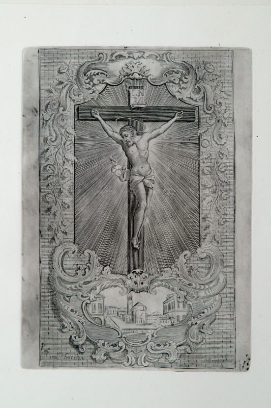 Franchini G. sec. XVIII, Crocifissione a stampa con veduta di S. Tecla