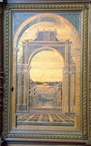Giovanni da Verona sec. XVI, Paesaggio con architetture e arco trionfale