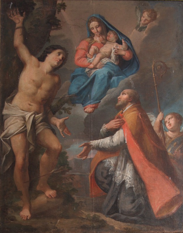 Ambito veronese sec. XVIII, Madonna con Bambino con San Sebastiano e San Fabiano