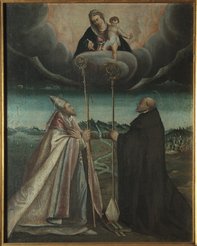 Ambito veronese sec. XVII, Madonna con Gesù Bambino San Zeno e San Benedetto