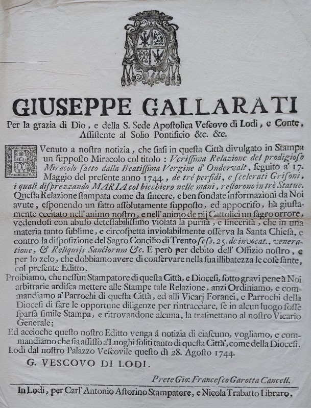 Editto a stampa di mons. Gallarati, vescovo di Lodi, 1744