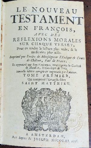  Le Nouveau Testament en François, vol. I, Amsterdam, Joseph Nicolai, 1736, frontespizio [da catalogare]
