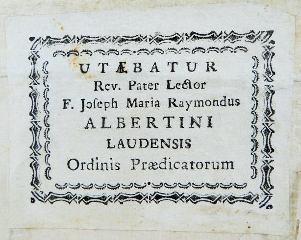  Ex libris a stampa con cornice tipografica in Rudimenta historica, vol. II, Udine, Giovanni Battista Damiani, 1763