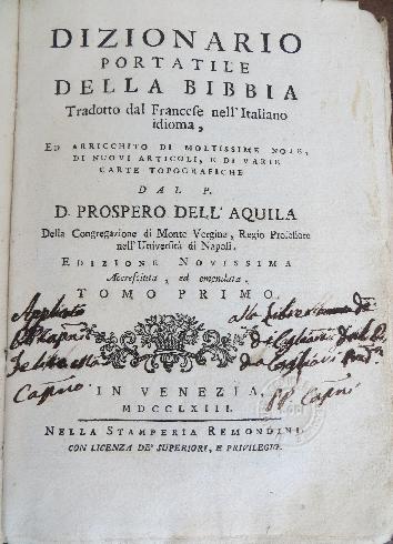  Dizionario portatile della Bibbia..., vol. I, Venezia, Remondini, 1763, frontespizio