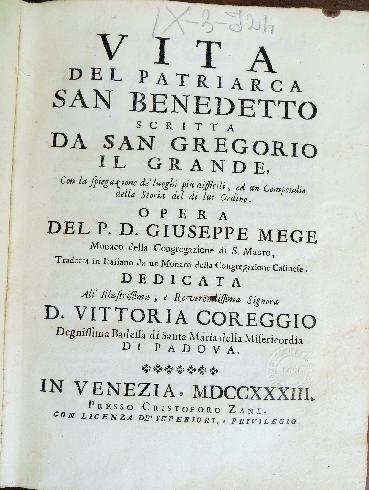  Vita del patriarca san Benedetto scritta da san Gregorio il Grande..., Venezia, Cristoforo Zane, 1733, frontespizio