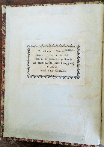  Vita del patriarca san Benedetto scritta da san Gregorio il Grande..., Venezia, Cristoforo Zane, 1733, controguardia anteriore