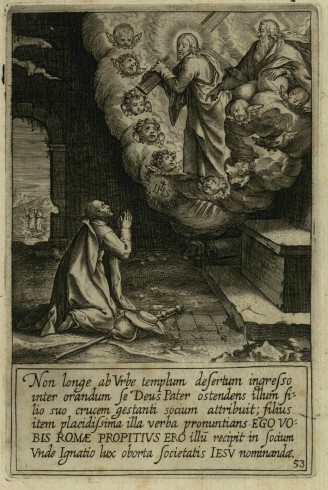  Sant'Ignazio in preghiera in un chiesa poco distante da Roma
Illustrazione tratta da Pieter Paul Rubens, Vita Beati P. Ignatii Loiolae Societatis Iesu fundatoris, Roma 1609, tav. 53