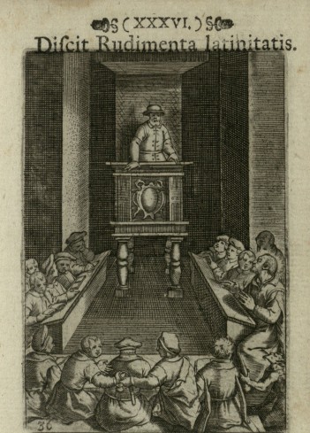  Sant'Ignazio a Barcellona dove studia la grammatica ed il diavolo lo tenta tirandogli la veste.
Tav. 36 del volume Acta S. Ignatii de Lojola, Societatis Jesu fundatoris, 1698.