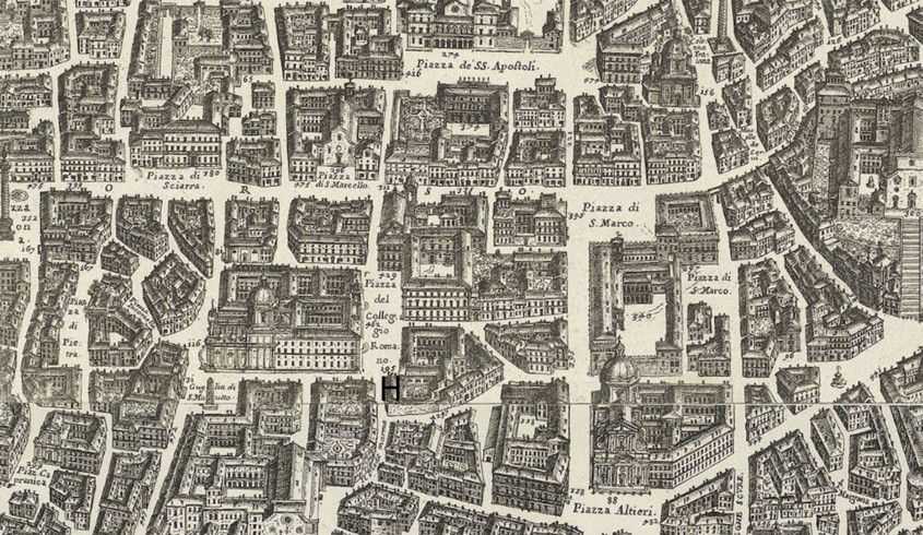  H - Santa Marta il rifugio per le donne penitenti. Mappa della Città di Roma di  G.B. Falda 1676