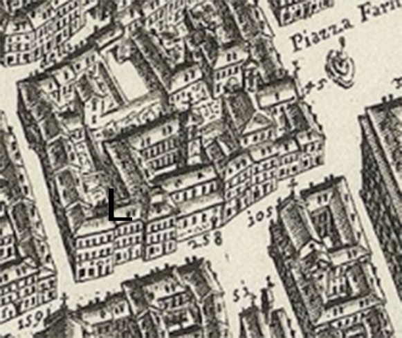  L Collegio Inglese su Via di Monserrato - Dettaglio della Mappa della Città di Roma di G.B. Falda 1676.