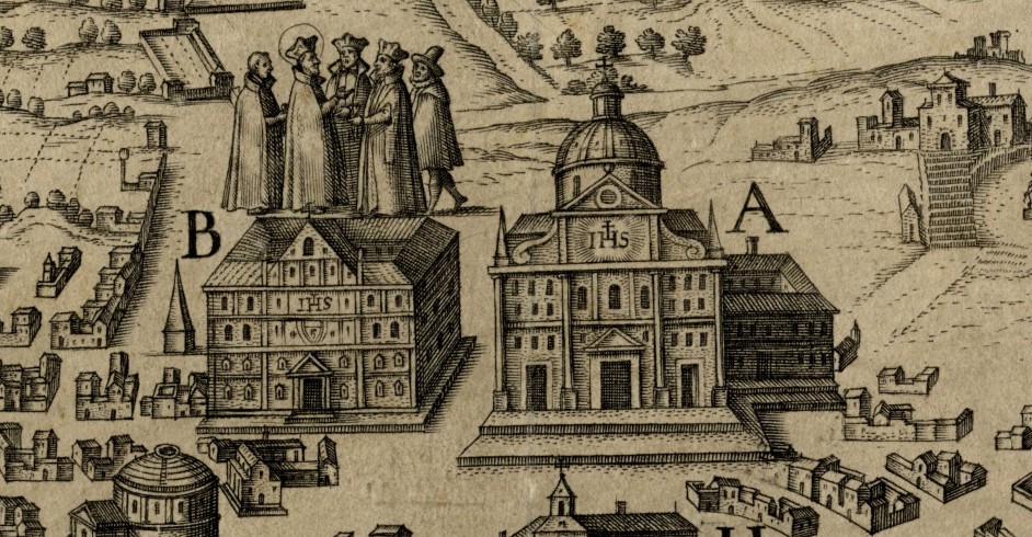  La chiesa del Gesù nella rappresentazione della Pianta Ignaziana di Roma (dettaglio)
La chiesa è a fianco della Casa Professa contrassegnata dalla lettera A. 