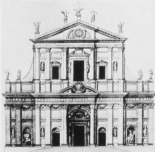  Progetto della facciata del Vignola, questo disegno per la facciata non venne mai relaizzato, in quanto non piacque al Cardinale Farnese. 