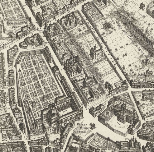  La lettera D indica Sant'Andrea al Quirinale, nel dettaglio di Mappa della Città di Roma di Giovan Battista Falda del 1676.