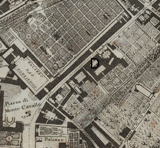  Mappa della Città di Roma di Giovan Battista Nolli del 1748.
La lettera D indica il Noviziato di fianco a Sant'Andrea al Quirinale. 