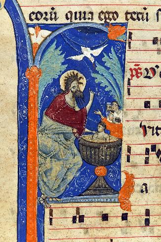 Battesimo di Gesù, miniatura del sec. XIII (ASDRA, Antifonario II di S. Francesco, c. 26r)