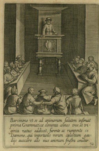 Barcellona dove Ignazio studia la grammatica.
Tav. 32 del volume Vita Beati P. Ignatii Loiolae Societatis Iesu fundatoris,1609. 
Il Santo è seduto in  basso a destra ed è riconoscibile in quanto è l'unico ad avere l'aureola.