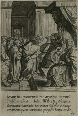  Sant'Ignazio è raffigurato in ginocchio davanti al papa Giulio III, dal quale ottiene il permesso per istituire il Collegio Germanico.