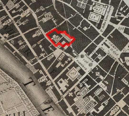  Dettaglio della Mappa della Città di Roma di Giovan Battista Nolli del 1748, l'area evidenziata in rosso è il Venerabile Collegio Inglese
