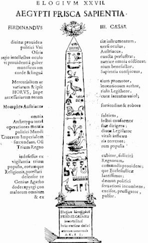 Oedipus Aegyptiacus 
Nel centro del volume si trova un disegno di un obelisco con geroglifici.
Un tentativo da parte di Kircher di tradurre con i geroglifici un panegirico su Ferdinando III 