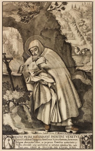  Il beato Paolo Giustiniani raffigurato mentre scrive le Regole. Incisione su rame