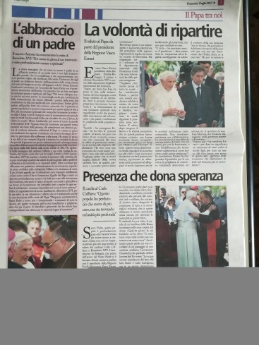  Il racconto fatto dal settimanale Diocesano Nostro tempo dedicata alla visita di Papa Benedetto XVI dopo le scosse.