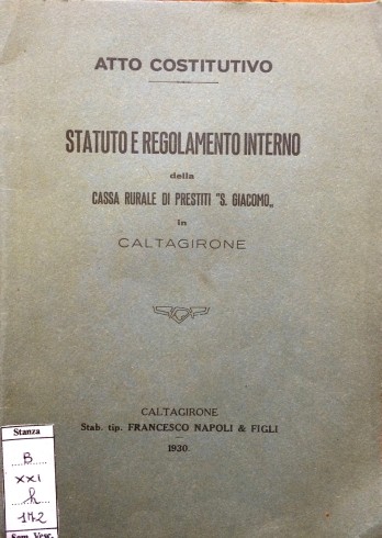  Statuto della Cassa rurale San Giacomo fondata da don Luigi Sturzo.