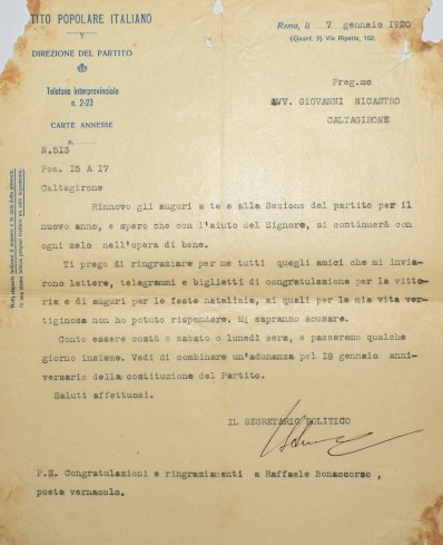  Lettera con firma autografa di Sturzo alla sezione del Partito Popolare Italiano di Caltagirone nel primo anniversario della fondazione.
