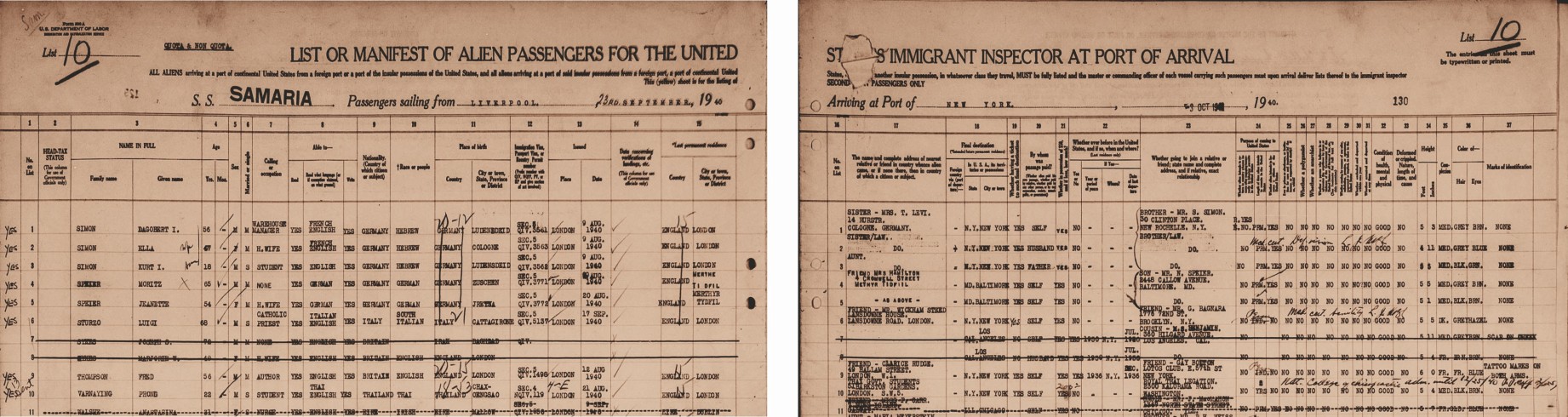  Registro degli stranieri sbarcati negli USA, 23 settembre 1940.