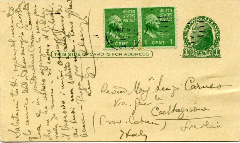  Cartoline dall'esilio di Sturzo inviata a mons. Luigi Caruso da New York nel 1943. Retro.