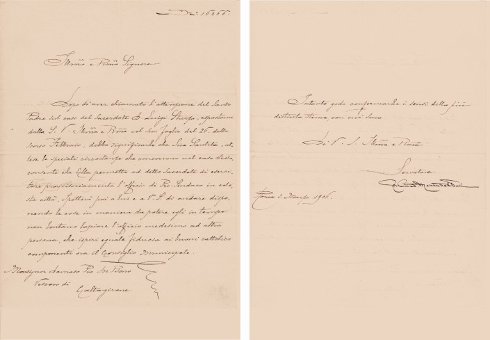  Autorizzazione della Santa Sede alla carica di pro-sindaco di Sturzo. Lettera del 1906 a firma del card. Merry dal Val.