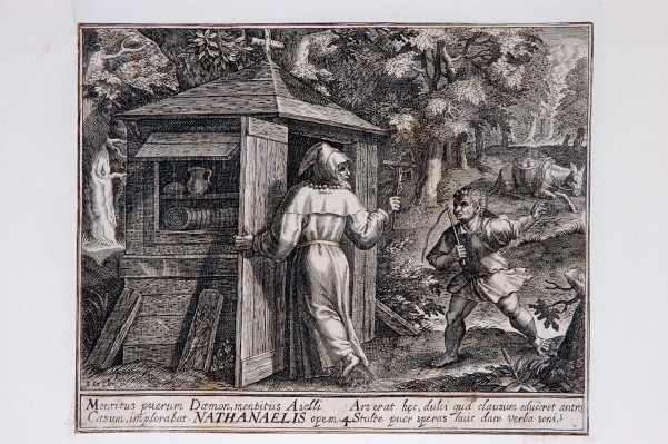 Ambito fiammingo prima metà sec. XVII, S. Nataniele eremita scaccia il demonio