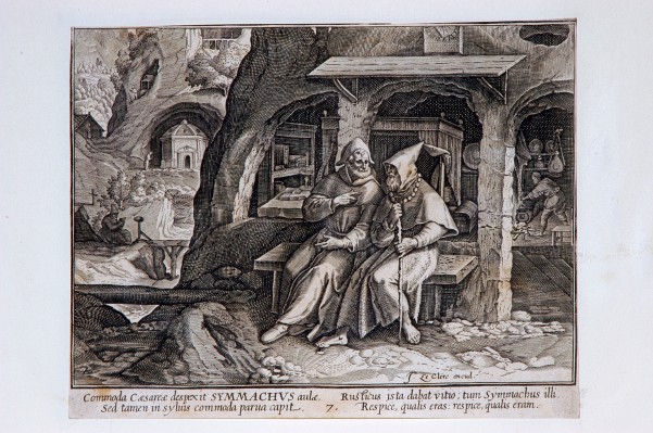 Ambito fiammingo prima metà sec. XVII, S. Simmaco eremita parla a un monaco