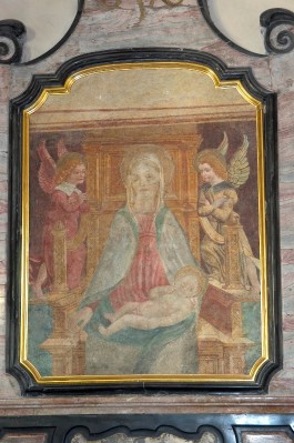 Ambito pavese sec. XV, Madonna in trono con Gesù Bambino e angeli