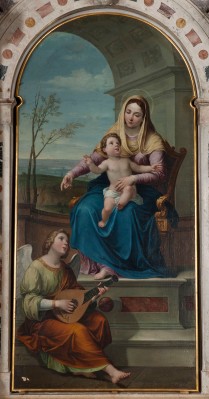Caliari G. B. (1848), Madonna con Gesù Bambino in trono e angelo musicante