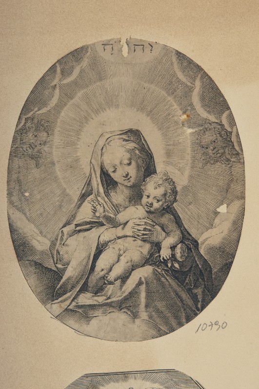 Sadeler J. ultimo quarto sec. XVI, Madonna col Bambino benedicente con una rosa