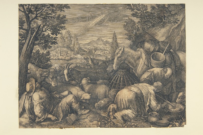 Sadeler J. (1595), Paesaggio con contadini animali e l'annuncio ad Abramo
