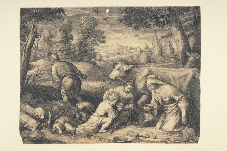 Sadeler R. (1601), Paesaggio con armenti e contadino che semina