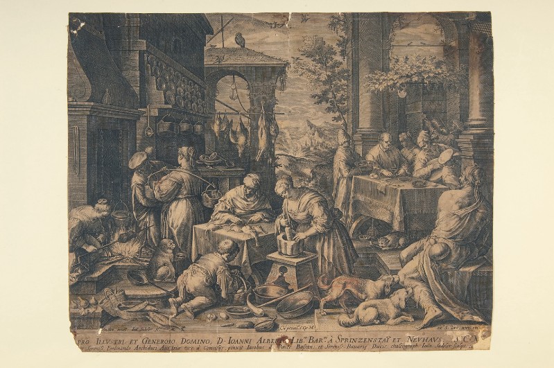 Sadeler J. (1593), Scena di cucina con Lazzaro e il ricco epulone