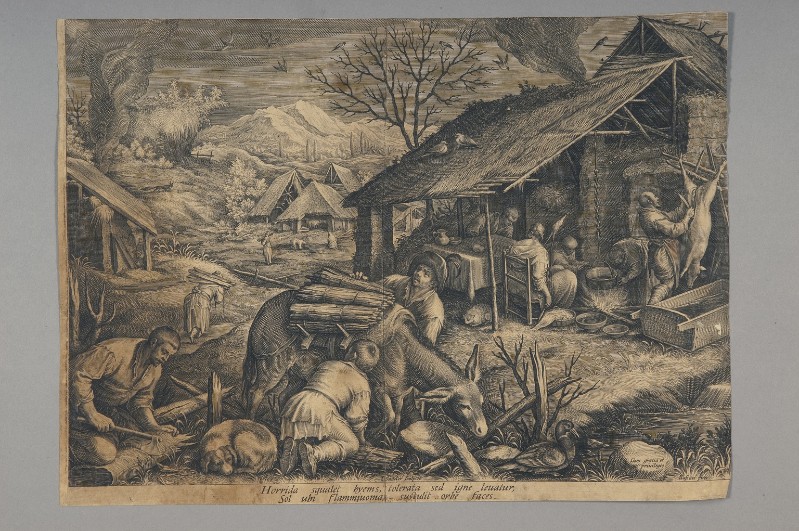 Sadeler J. sec. XVI-XVII, Paesaggio con contadini e asino presso un fienile
