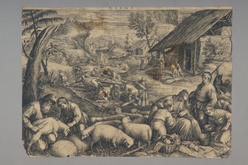 Sadeler J. sec. XVI-XVII, Paesaggio con contadini pecore e carro di fieno