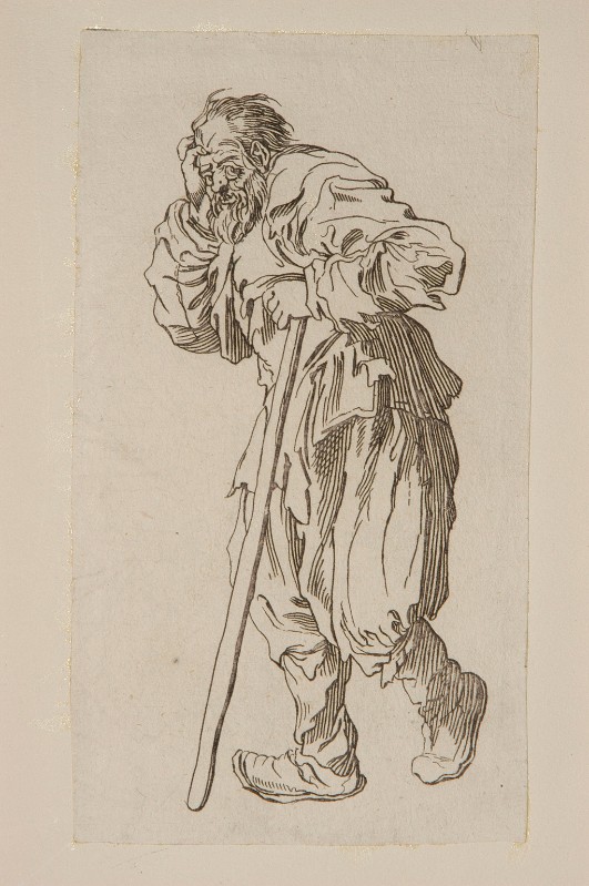 Ambito francese (?) secc. XVII-XVIII, Mendicante con bastone e mano al capo