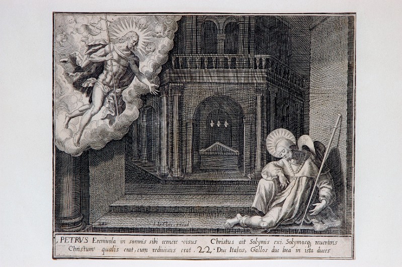 Ambito fiammingo prima metà sec. XVII, Cirsto risorto appare a S. Pietro eremita